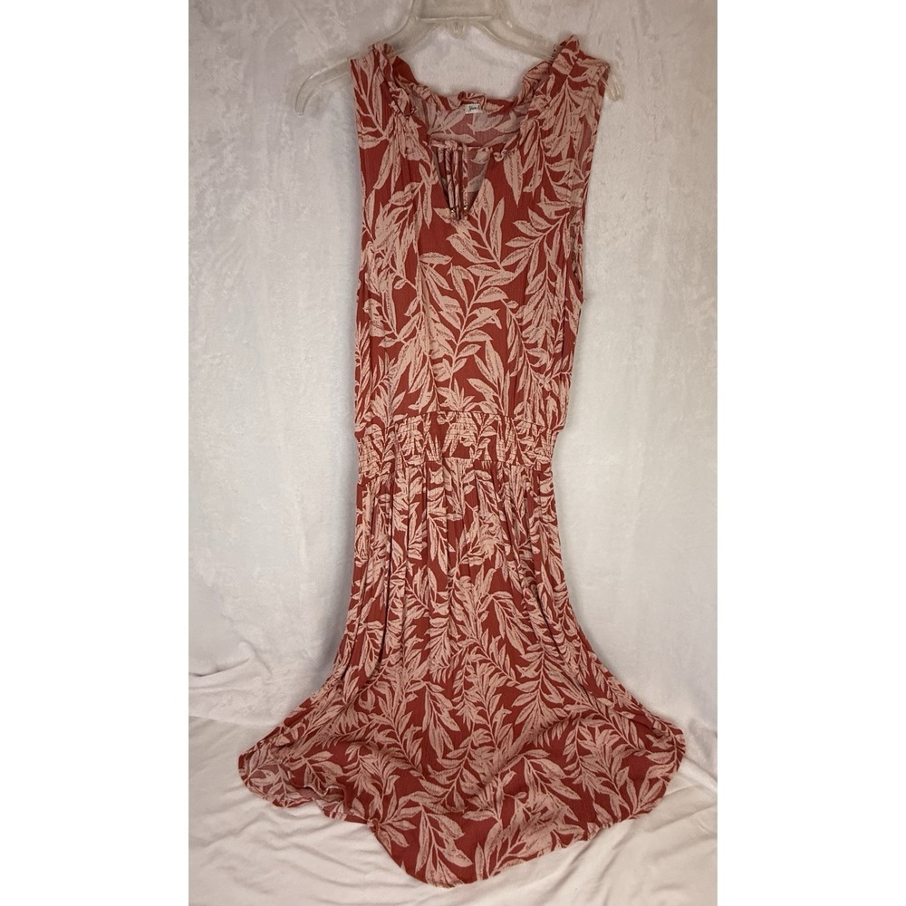 Yarn & Sea Maxi Dress M Red Tropical Leaf Boho Resort Vacation Stretch